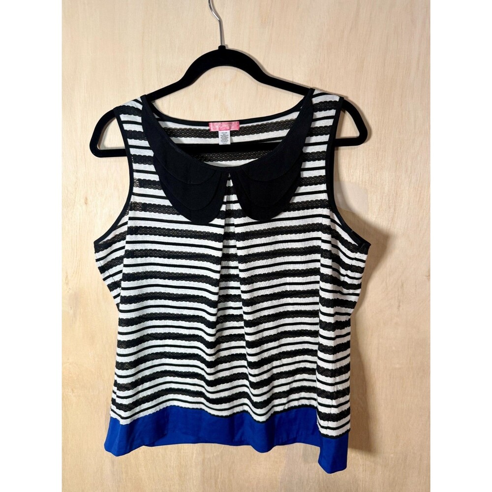 Black and White Striped Peter Pan Collar Mod Colorblock Sleeveless Top Size L